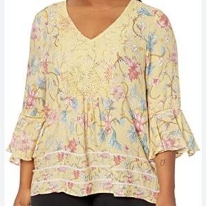 Vintage America Floral V-Neck Blouse in Yellow and Pink